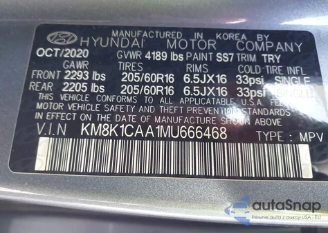 2021 Hyundai Kona Se from USA, damaged, VIN KM8K1CAA1MU666468